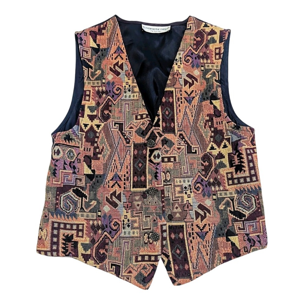 VTG Fundamental Things STEAMPUNK TAPESTRY VEST TOP Geometric Tribal Satin Back L